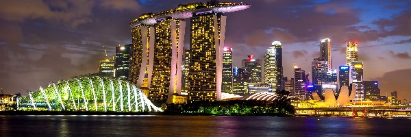 Marina Bay Sands, Oświetlony, Hotel, Singapur, Gardens by the Bay, Noc
