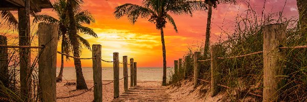 Key West, Plaża, Stany Zjednoczone, Palmy, Morze, Podest, Ogrodzenie, Zachód słońca, Smathers Beach, Floryda