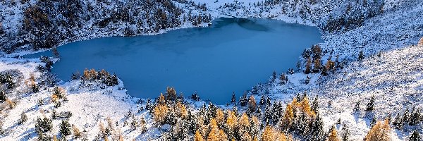Zima, Góry, Drzewa, Lombardia, Włochy, Aviolo Lake, Jezioro