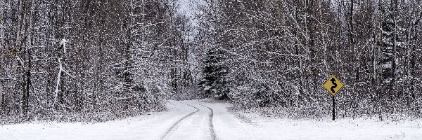 Natura, Śnieg, Zima, Znak drogowy, Ścieżka, Drzewa