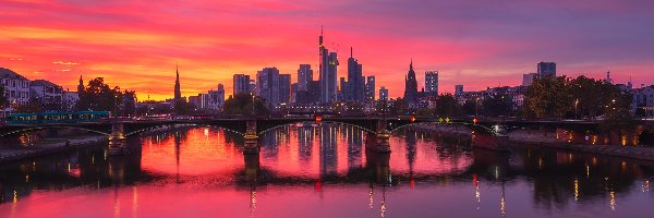 Frankfurt nad Menem, Rzeka Men, Wieczór, Niemcy, Most, Zachód słońca