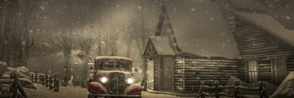 Śnieg, Dom, Drzewa, Zima, Drewniany, Samochód