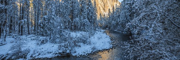 Zima, Rzeka, Stany Zjednoczone, Drzewa, Góry, Góra, Half Dome, Park Narodowy Yosemite, Merced River, Kalifornia