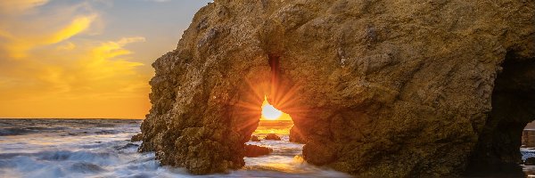 Morze, Skały, El Matador, Kalifornia, Stany Zjednoczone, Malibu Beach, Zachód słońca