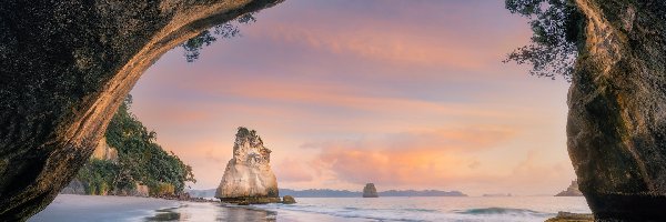 Cathedral Cove, Wybrzeże, Nowa Zelandia, Region Waikato, Jaskinia, Skały, Półwysep Coromandel, Morze