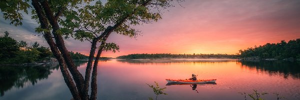 Kanada, Kajak, Drzewa, French River, Rzeka, Ontario, Wschód słońca