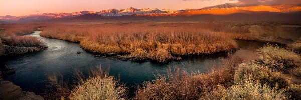 Góry, Trawy, Rzeka, Dolina Owens, Wschód słońca, Stany Zjednoczone, Kalifornia, Owens River, Region Eastern Sierra