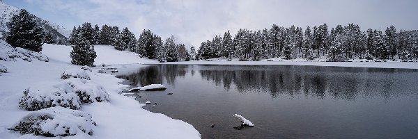 Zima, Jezioro, Śnieg, Chmury, Drzewa
