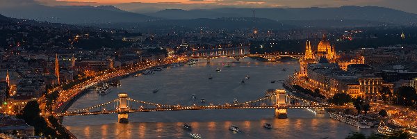Parlament, Rzeka Dunaj, Most Łańcuchowy, Noc, Budapeszt, Węgry