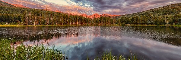 Drzewa, Spraque Lake, Park Narodowy Gór Skalistych, Kolorado, Stany Zjednoczone, Wschód słońca, Chmury, Jezioro, Niebo