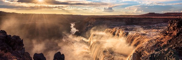 Skały, Grand Falls, Stany Zjednoczone, Arizona, Słońce, Rzeka, Little Colorado River, Wodospad
