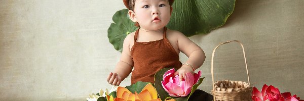 Chłopiec, Kwiaty, Azjata, Dziecko