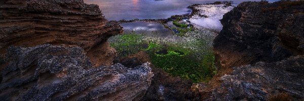 Zachód słońca, Morze, Skały, Wybrzeże, Cape Douglas, Australia