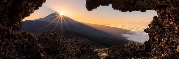 Jaskinia, Góra, Teide, Teneryfa, Hiszpania, Skały, Promienie słońca