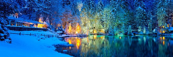 Jezioro Blausee, Drzewa, Śnieg, Szwajcaria, Las, Zima