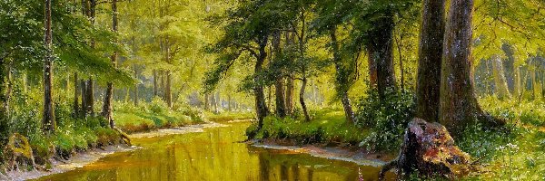 Rzeka, Walter Moras, Las, Drzewa, Obraz, Malarstwo