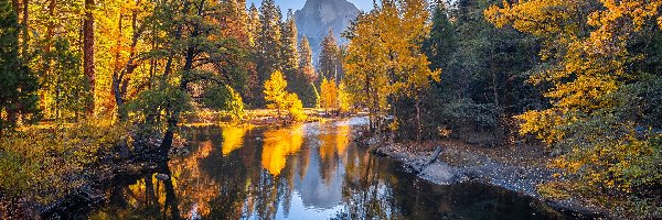 Jesień, Kalifornia, Liście, Drzewa, Park Narodowy Yosemite, Góry, Rzeka Merced, Stany Zjednoczone