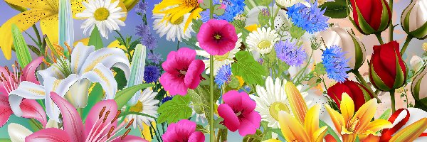 Kwiaty, Róże, Lilie, 2D, Malwy