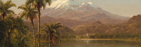 Jezioro, Frederic Edwin Church, Góry, Obraz, Malarstwo, Palmy, Domy
