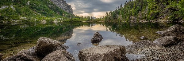 Słowacja, Tatry Wysokie, Drzewa, Góry, Jezioro, Kamienie, Lasy