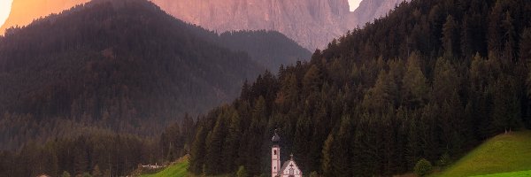 Dolina, Południowy Tyrol, Las, Santa Maddalena, Dolomity, Kościół św Jana, Wieś, Włochy, Góry, Val di Funes