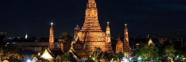 Noc, Rzeka Menam, Świątynia Świtu Wat Arun, Księżyc, Bangkok, Tajlandia