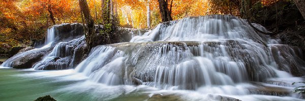 Jesień, Wodospad, Skały, Drzewa, Las, Kamienie, Rzeka