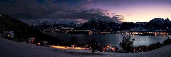 Zima, Góry, Szwajcaria, Wieczór, Góra Niesen, Oświetlone, Domy, Jezioro Thunersee, Alpy Berneńskie, Oberhofen