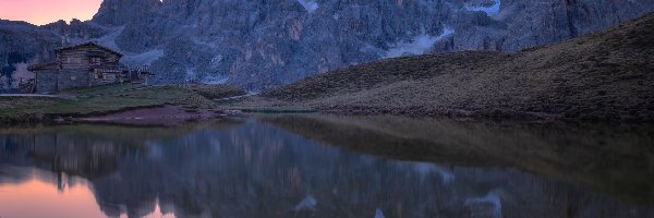 Jezioro, Cimon della Pala, Dolomity, Góry, Włochy, Odbicie, Dom, Szczyt, Schronisko Baita Segantini