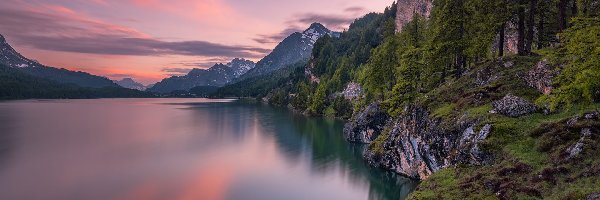 Zachód słońca, Góry, Jezioro Silsersee, Dolina Engadyna, Szwajcaria, Drzewa, Las