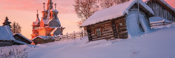 Zima, Drewniane, Rosja, Region archangielski, Domy, Śnieg, Kimzha, Cerkiew