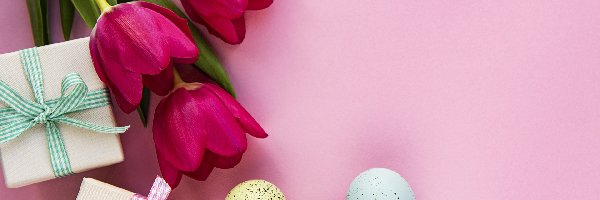 Wstążki, Tulipany, Prezenty, Jajka, Kwiaty, Wielkanoc