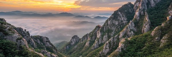 Góry Wolchulsan, Mgła, Skały, Lasy, Góry, Korea Południowa, Prowincja Jeolla Południowa, Słoneczne światło, Park Narodowy Wolchulsan