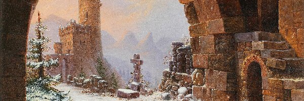 Wieża, Carl Hasenpflug, Zamek, Zima, Obraz, Malarstwo