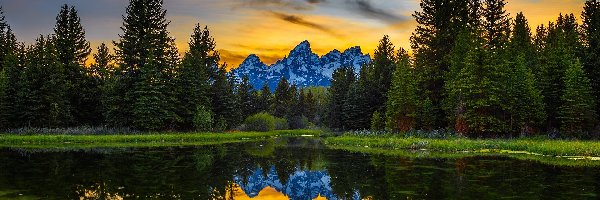 Park Narodowy Grand Teton, Góry, Stany Zjednoczone, Zachód słońca, Rzeka, Snake River, Odbicie, Drzewa, Teton Range, Wyoming