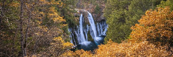 Stany Zjednoczone, Jesień, Park Stanowy McArthur Burney Falls, Burney Falls, Wodospad, Kalifornia, Drzewa