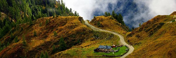 Austria, Dom, Droga, Wysokie Taury, Góry, Gmina Kaprun, Chmury