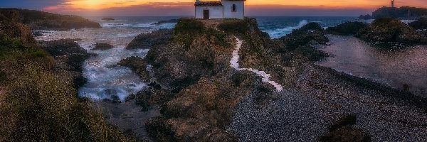 Virxe do Porto, Skały, Kaplica, Hiszpania, Morze, Zachód słońca