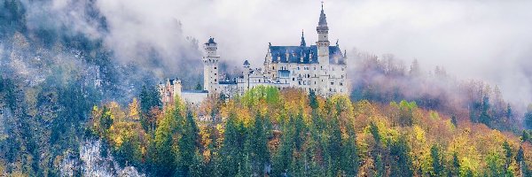 Jesień, Zamek, Neuschwanstein, Bawaria, Niemcy, Mgła, Lasy