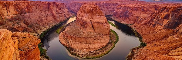 Zachód słońca, Skały, Stany Zjednoczone, Horseshoe Bend, Rzeka, Kolorado River, Zakole, Park Narodowy Glen Canyon, Kanion, Arizona