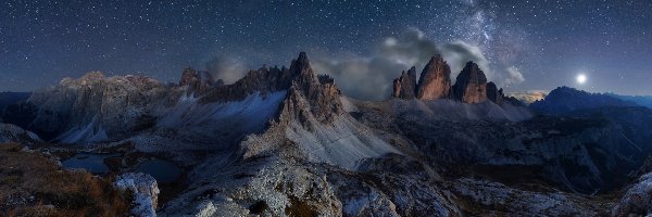 Noc, Dolomity, Włochy, Droga Mleczna, Tre Cime di Lavaredo, Niebo, Gwiazdy, Góry