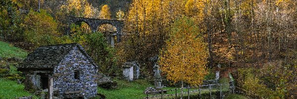 Dolina Vigezzo, Wiadukt, Dom, Włochy, Drzewa, Jesień