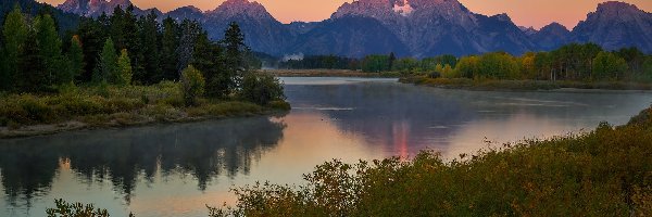 Krzewy, Drzewa, Rzeka, Teton Range, Góry, Stany Zjednoczone, Stan Wyoming, Snake River, Park Narodowy Grand Teton