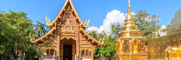 Tajlandia, Pagoda, Drzewa, Wat Phra Singh Woramahawihan, Świątynia, Chiang Mai, Niebo