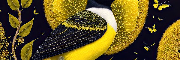 Żółto-czarny, Motylki, Ptak, Grafika, Liście