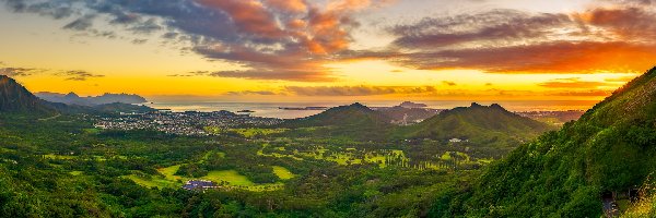Nuuanu Punchbowl, Hawaje, Chmury, Drzewa, Honolulu, Wzgórza, Góry, Stany Zjednoczone