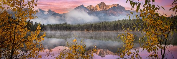 Herbert Lake, Jezioro, Góry, Park Narodowy Banff, Kanada, Drzewa, Jesień, Canadian Rockies, Mgła