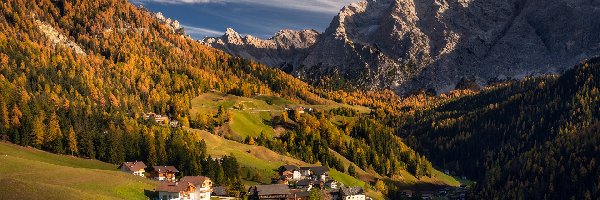 Dolomity, Góry, Bolzano, Dolina, Wieś, Domy, Alpy, Val Badia, Las, Droga, Skały, Włochy