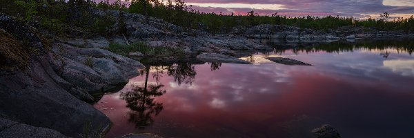Ładoga, Karelia, Odbicie, Chmury, Jezioro, Skały, Drzewa, Rosja