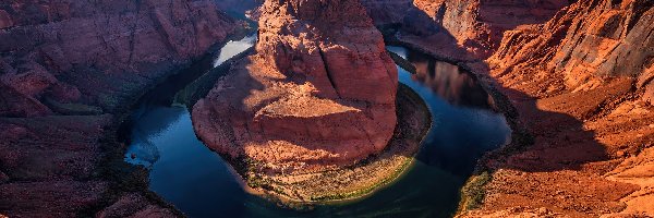 Horseshoe Bend, Kolorado River, Skały, Kanion, Park Narodowy Glen Canyon, Stany Zjednoczone, Arizona, Rzeka, Zachód słońca